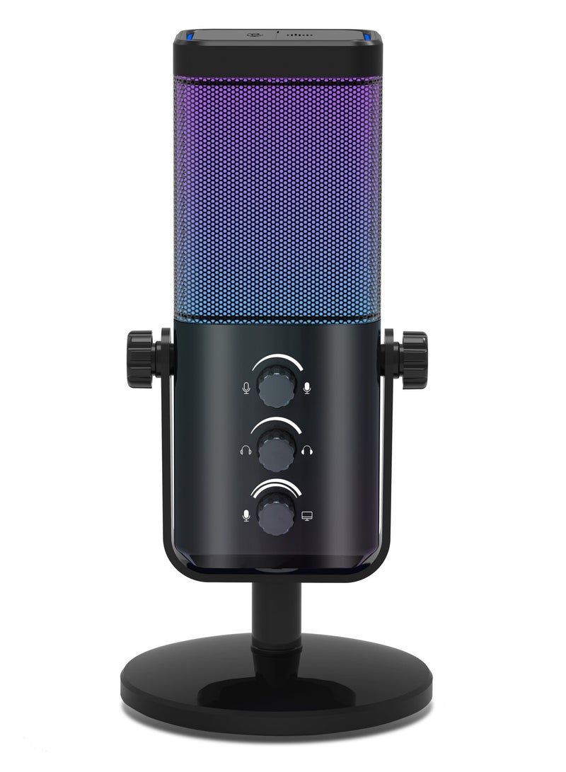 يوشي ميكروفون M7 الديناميكي لتسجيل المدونات من YU'S بث العاب - ضوء RGB - USB وزر كتم الصوت ومقبس سماعات راس وحامل لسطح المكتب صوتي للغناء واليوتيوب أسود أحادي الاتجاه - Image 1